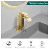 Hoimpro Brushed Gold Waterfall Spout Single Hole Bathroom Faucet, Stainless Steel Single Lever Bathroom Vanity Sink Faucet with Drain, cUPC Hose and Deck Plate
