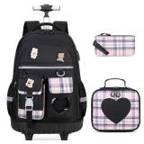 ACESAK Rolling Backpack for Girls - Roller Wheels School Bookbag with Lunch Bag & Pencil Pouch for Teen Girls Kids Wheeled Suitcase Backpacks, Elementary Middle School Travel Daypack (Black)