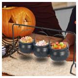 Hourleey Halloween Decorations, Set of 3 Witches Cauldron Serving Bowls on Rack, Black Plastic Hocus Pocus Candy Bucket Cauldron for Indoor Outdoor Home Kitchen Candy Holder Decor