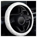 KAFEEK Diamond Soft Leather Steering Wheel Cover with Bling Bling Crystal Rhinestones, Universal 15 inch, Pure White