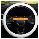 KAFEEK Diamond Soft Leather Steering Wheel Cover with Bling Bling Crystal Rhinestones, Universal 15 inch, Pure White