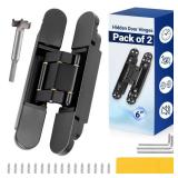 Upgraded Hidden Door Hinges (Pack of 2) 6 inch Black Invisible Hinges Concealed Hinge 3 Way Adjustable Secret Door Hinge & 180 Degree Swing Hinge (Only Suitable for Doors Thickness  35 mm)