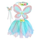 DJDLPARTY Girls Fairy Costume Set with Butterfly Wings Tutu Wand and Halo Headband (Teal, 3-5 Years old)