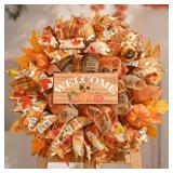Waipfaru Fall Wreaths for Front Door, Fall Mesh Wreath with Wooden Sign Fishnet Yarn Autumn Pumbkin, Thanksgiving Halloween Decorations for Home, Porch Decor(18-20 Inch)