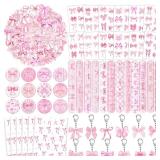 YYMYMGJ 110 PCS Pink Coquette Bow Party Favors, Pink Coquette Bow Temporary Tattoos Slap Bracelets Stickers Keychains Badges Gift Bags for Bow Coquette Birthday Party Decorations Supplies