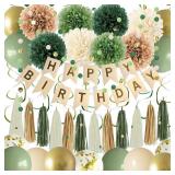 Green Birthday Party Decorations for Women Girls with Happy Birthday Banner,Tissue Paper Pompoms, Paper Tassel,Circle Garland,Hanging Swirl,Decorations Balloons for Party Decor (sage green)