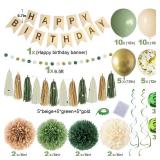 Green Birthday Party Decorations for Women Girls with Happy Birthday Banner,Tissue Paper Pompoms, Paper Tassel,Circle Garland,Hanging Swirl,Decorations Balloons for Party Decor (sage green)