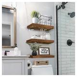QEEIG Floating Shelves for Wall Bathroom Shelf Bedroom Kitchen Living Room Hanging Book Shelves Small Farmhouse Decor 16 inch Set of 3, Rustic Brown (015-BN3)