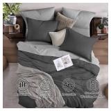 Monbix Queen Comforter Set - 7 Pieces Cationic Dyeing Dark Grey Bed in a Bag Queen Bedding Sets with Comforter, Sheets, Pillowcases and Shams, Reversible Bedding Comforters Sets - Retail: $73