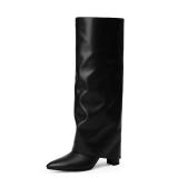 Modatope Knee High Black Boots for Women Black Fold Over Knee High Boots Chunky Heel Pointed Toe Long Boots Zipper Tall Black Boot Size 8.5 - Retail: $70