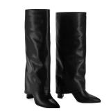 Modatope Knee High Black Boots for Women Black Fold Over Knee High Boots Chunky Heel Pointed Toe Long Boots Zipper Tall Black Boot Size 8.5 - Retail: $70