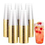 I00000 16 oz Gold Plastic Cups, 100 Pack Clear Plastic Cups Tumblers Gold Rimmed Cup, Heavy-duty Disposable Cup Perfect for Halloween, Thanksgiving and Christmas Parties - Retail: $35