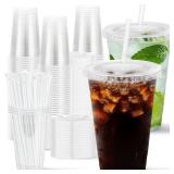 Huifany 100 Pack 16 oz Disposable Plastic Cups with Lids and Straws, Clear Party Coffee Cups for Cold Beverages, Smoothies, Iced Coffee, and Leak-Proof, BPA-Free - Retail: $20