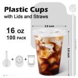Huifany 100 Pack 16 oz Disposable Plastic Cups with Lids and Straws, Clear Party Coffee Cups for Cold Beverages, Smoothies, Iced Coffee, and Leak-Proof, BPA-Free - Retail: $20