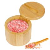 Loscarol 1Pcs Bamboo Salt Cellar Spice Box with Magnetic Swivel Lid and Spoon, Bamboo Storage Box Salt Container to Storage Pepper, Table Salt, Gourmet Salts, Spice, 6 oz
