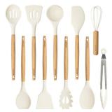 CAROTE Silicone Cooking Utensils Set, Kitchen Utensils Set 10 Pcs for cooking, BPA Free Spatula Set with Heat Resistant Wood Handles for Nonstick Cookware (Cream White) - Retail: $30