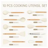 CAROTE Silicone Cooking Utensils Set, Kitchen Utensils Set 10 Pcs for cooking, BPA Free Spatula Set with Heat Resistant Wood Handles for Nonstick Cookware (Cream White) - Retail: $30