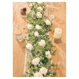 Annafts Whimsy 5.91FT Artificial Eucalyptus Garland with Flowers, Fake Flower Rose Gypsophila, Faux Floral Greenery Garland for Wedding Spring Home Party Craft Art Table Runner Decor