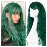 EVLYNN Wigs With Bangs Ombre Dark Green Wig Long Loose Wavy Curly Hair Synthetic Fiber Glueless Dark Root No Lace Wig For Women - Retail: $20