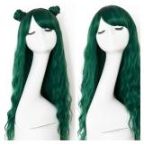 EVLYNN Wigs With Bangs Ombre Dark Green Wig Long Loose Wavy Curly Hair Synthetic Fiber Glueless Dark Root No Lace Wig For Women - Retail: $20