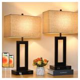 Set of 2 Touch Control Table Lamp with 2 USB Ports, 3-Way Dimmable Modern Nightstand Lamp Sets Bedside Touch Desk Lamp with Fabric Cream Shade for Bedroom Table Living Room Reading, Included Bulbs - R