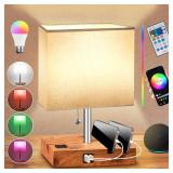 Smart RGB Dimmable Table Lamp Work with AlexaandAPPandRemote Control, Bedside Desk Lamp with Charging PortsandOutletandPhone Stand, Music Sync Nightstand Lamp for Bedroom Living Room Office Dorm, Wood