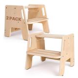 2 Pack Toddler Step Stool, Wooden Height-Adjustable 2-Step Stool for Kids, Potty Training Stool with Handles - Retail: $50