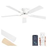 ZMISHIBO 52 Inch Ceiling Fan with Light, AppandRemote Control, Flush Mount Low Profile, Dimmable 20W LED Light, Quiet Reversible Motor for Bedroom, Living Room, Apartment, White - Retail: $140