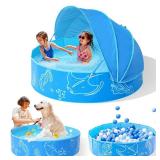 Hikiddy Foldable Kiddie Pool with Canopy: 47in Baby Pool and Beach Tent for Toddlers Infants 6-12 Months and Kids 2-4 Years Old - Portable Water Play with Shade for Outdoor Backyard Beach (Blue-Blue) 