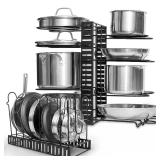 GeekDigg Adjustable Pots and Pans Organizer - 8 Tier Versatile Kitchen Pot Rack for Counter and Cabinet - Easy Setup, 3 DIY Installation Ways, Accommodates 8+ Pots and Pans - Space-Saving Black Design