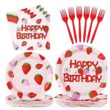 Grencian 96PCS Strawberry Birthday Party Plates and Napkins Disposable Summer Fruit Paper Plates Tableware Set for Berry Baby Shower Sweet Strawberry Birthday Party Supplies, Serves 24 Guests - Retail