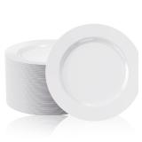 FOCUSLINE 100 Count White Plastic Plates 10 Inch, Disposable Heavy Duty Dinner Plates- Premium Hard Plastic Plates Fancy Disposable White Plates for Weddings, Parties and Events - Retail: $38