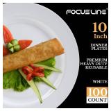 FOCUSLINE 100 Count White Plastic Plates 10 Inch, Disposable Heavy Duty Dinner Plates- Premium Hard Plastic Plates Fancy Disposable White Plates for Weddings, Parties and Events - Retail: $38