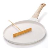 Hiceeden Nonstick Crepe Pan with Spreader, 10-Inch Tortilla Pan with Detachable Handle, Ceramic Coating Pancake Dosa Tawa Griddle Pan, for All Stove, Induction Compatible, PFOA Free (White) - Retail: 
