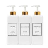Modern Gold Design Large 27 oz Shampoo and Conditioner Dispensers - Empty Plastic Refillable Pump Bottle Set for Bathroom Shower Soap Dispenser, Set of 3 (White) - Retail: $27