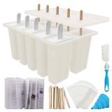 Miaowoof Homemade Popsicle Molds, 10-Cav Non-BPA Silicone Ice Pop Maker, with 50 Sticks, 50 Bags, 10 Reusable Sticks, Funnel, Brush and Ice Pop Recipe (White) - Retail: $22