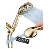 High Pressure 10 Setting Handheld Shower Head, 5\ Detachable Showerhead Spray Built-in Power Wash to Clean Tub, Tile and Pets, 79\in Extra Long Stainless Steel Hose, Adjustable Bracket - Gold - Retail