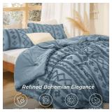 Bedsure Tufted Boho Comforter Set Queen Size - Grayish Blue Boho Bed Set, GentleSoft 3 Pieces Farmhouse Shabby Chic Embroidery Bedding, Gifts for Woman, Soft Jacquard Queen Comforter for All Seasons