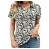 Business Casual Tops Women Short Sleeve V Neck Polo Shirts Collared Work Blouses with Pocket Black Yellow Floral M - Retail: $22