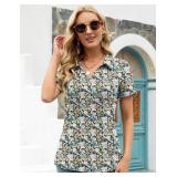 Business Casual Tops Women Short Sleeve V Neck Polo Shirts Collared Work Blouses with Pocket Black Yellow Floral M - Retail: $22