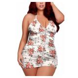Plus Size Sheer Stretch Mesh Babydoll Dress Zipper Shirring Halter Chemise Curvy Sexy Lingerie for Women(Rose Print, 4XL) - Retail: $17