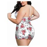 Plus Size Sheer Stretch Mesh Babydoll Dress Zipper Shirring Halter Chemise Curvy Sexy Lingerie for Women(Rose Print, 4XL) - Retail: $17