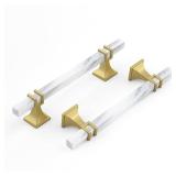 Haliwu 10 Pack 5 inch White Marble Grain Kitchen Cabinet Pulls Gold Dresser Drawer Handles, 2 Tone Square Hardware