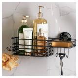 TAILI Shower Caddy Suction Cup with Hooks and Soap Holder, Heavy Duty Bathroom Shower Organizer, No Drilling Bathroom Holder with Large Capacity, Metal Black Storage Basket - Retail: $20
