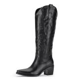 Pasuot Western Cowboy Boots for Women - Black Knee High Wide Calf Cowgirl Boots with Western Embroidered, Slip On Pointed Toe Chunky Heel Fashion Retro Classic Pull On Tall Boot for Ladies Size 9.5 - 