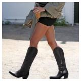 Pasuot Western Cowboy Boots for Women - Black Knee High Wide Calf Cowgirl Boots with Western Embroidered, Slip On Pointed Toe Chunky Heel Fashion Retro Classic Pull On Tall Boot for Ladies Size 9.5 - 