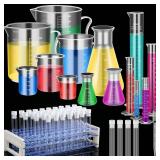 Baderke 40 Pcs Plastic Test Tubes with Rack 5 Graduated Cylinder 6 Beakers 3 Erlenmeyer Flask 10 Plastic Transfer Pipette for Lab Party DIY - Retail: $34