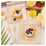 DaYammi 100Pcs Gold Glitter Dessert Plates Including 50Pcs Appetizer Plates 6\,50Pcs Plastic Forks 5.7\in,Gold Glitter Plastic Square Plate for Party,Gold Salad Plate with Cake Fork for Birthday Weddi