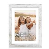 Hongkee 9x12 Picture Frame with Glass, Display Pictures 7x10 with Mat or 9 x 12 without Mat - Wall and Tabletop, 9 by 12 Photo Wooden Frames (Distressed White, 1 Pack) - Retail: $15