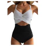 Eomenie Womenfts One Piece Swimsuits Tummy Control Cutout High Waisted Bathing Suit Wrap Tie Back 1 Piece Swimsuit Black Striped - Retail: $33
